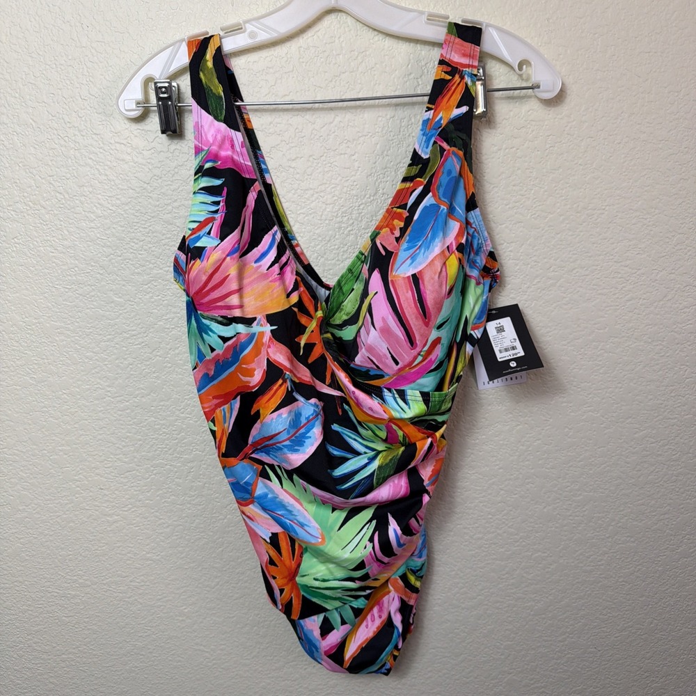 Longitude Tropicana Swimsuit 14 Long One Piece Side Shirred Surplice Floral